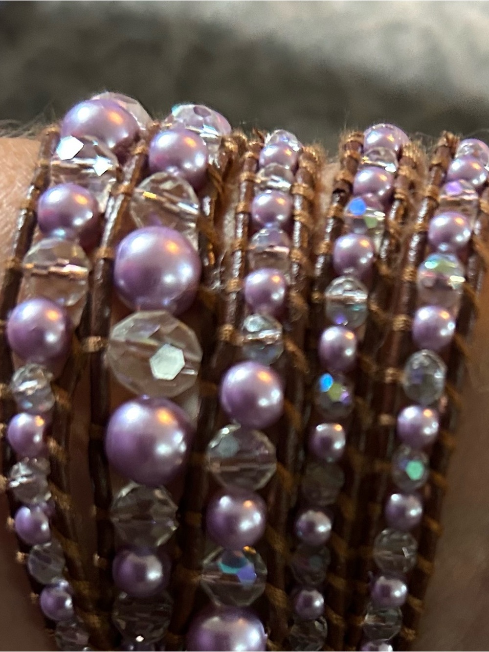 Lavender Pearl & Crystal beaded Multi-Strand leather Wrap Bracelet - Picture 4 of 4